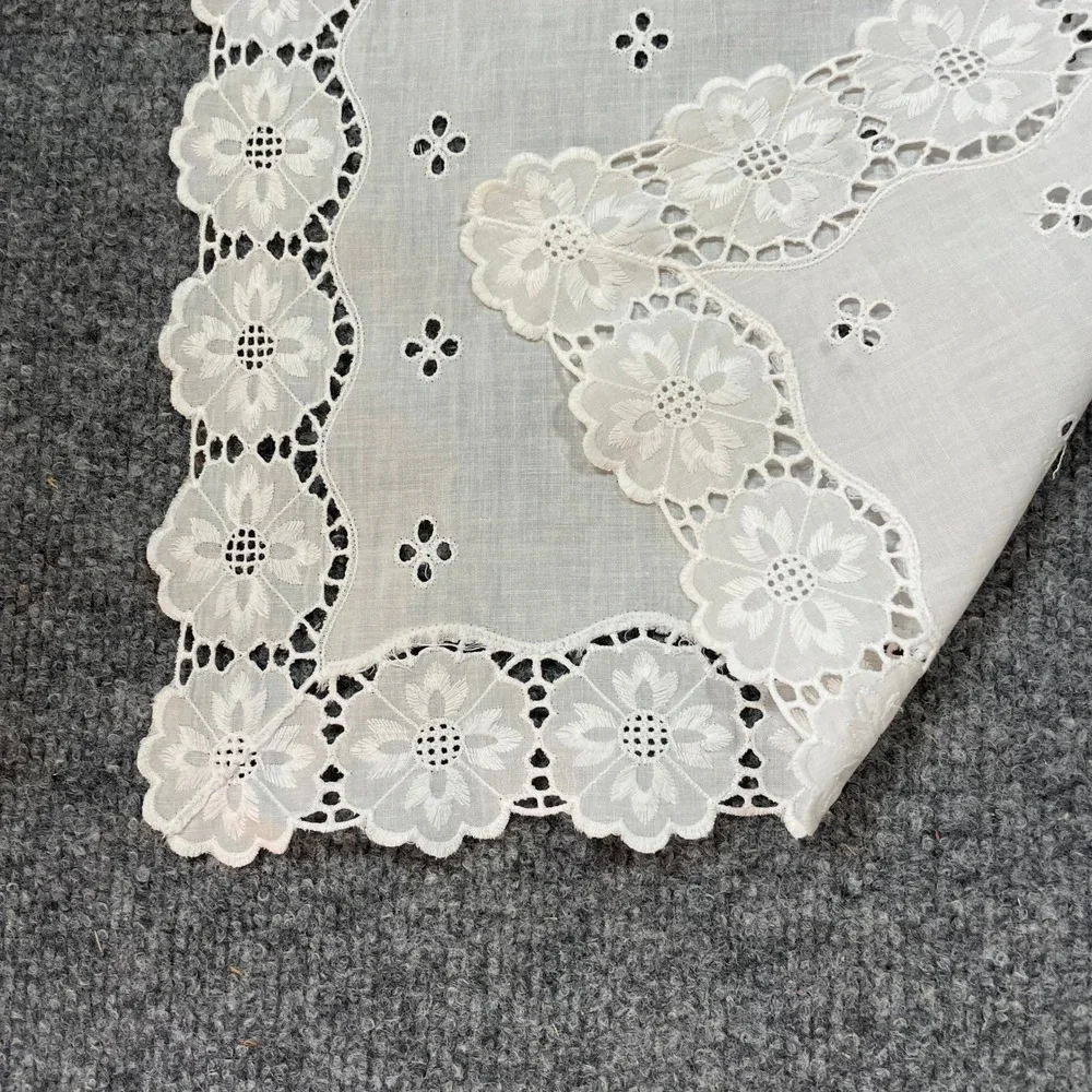 Antique Table Runner 41x13.5 White Floral Eyelet Scalloped Lace Vintage Doilies